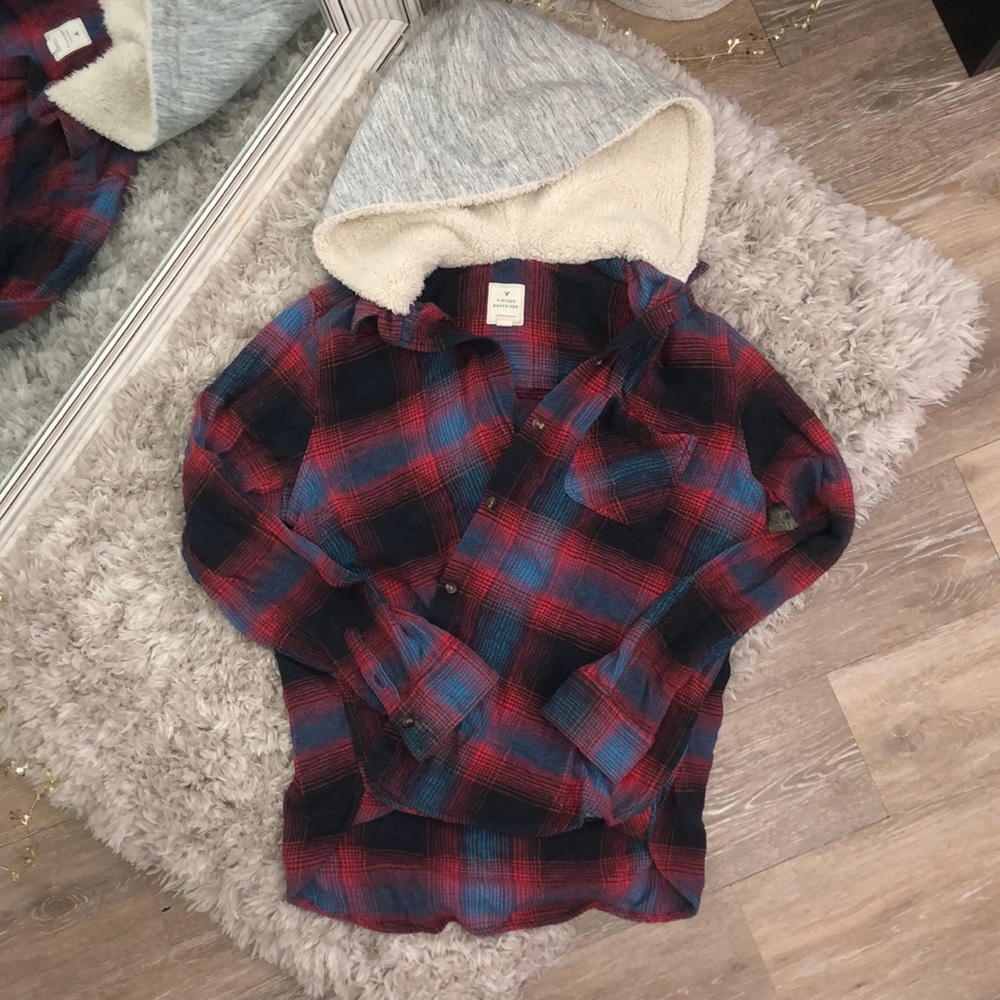 American Eagle Boyfriend Flannel with Sherpa Hood